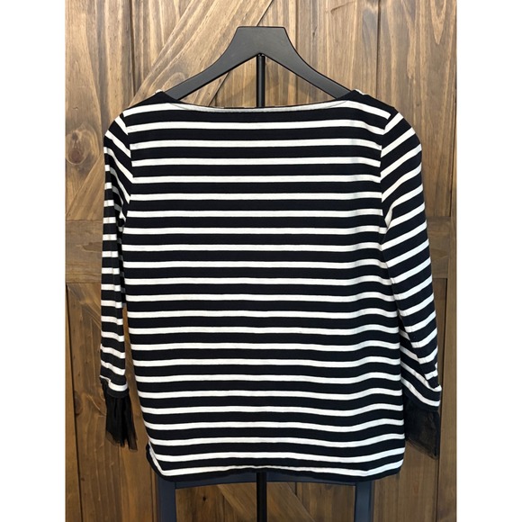 J Crew Women's Striped Boat Neck Long Sleeve T Shirt Black White Lace Cuff - Picture 2 of 3